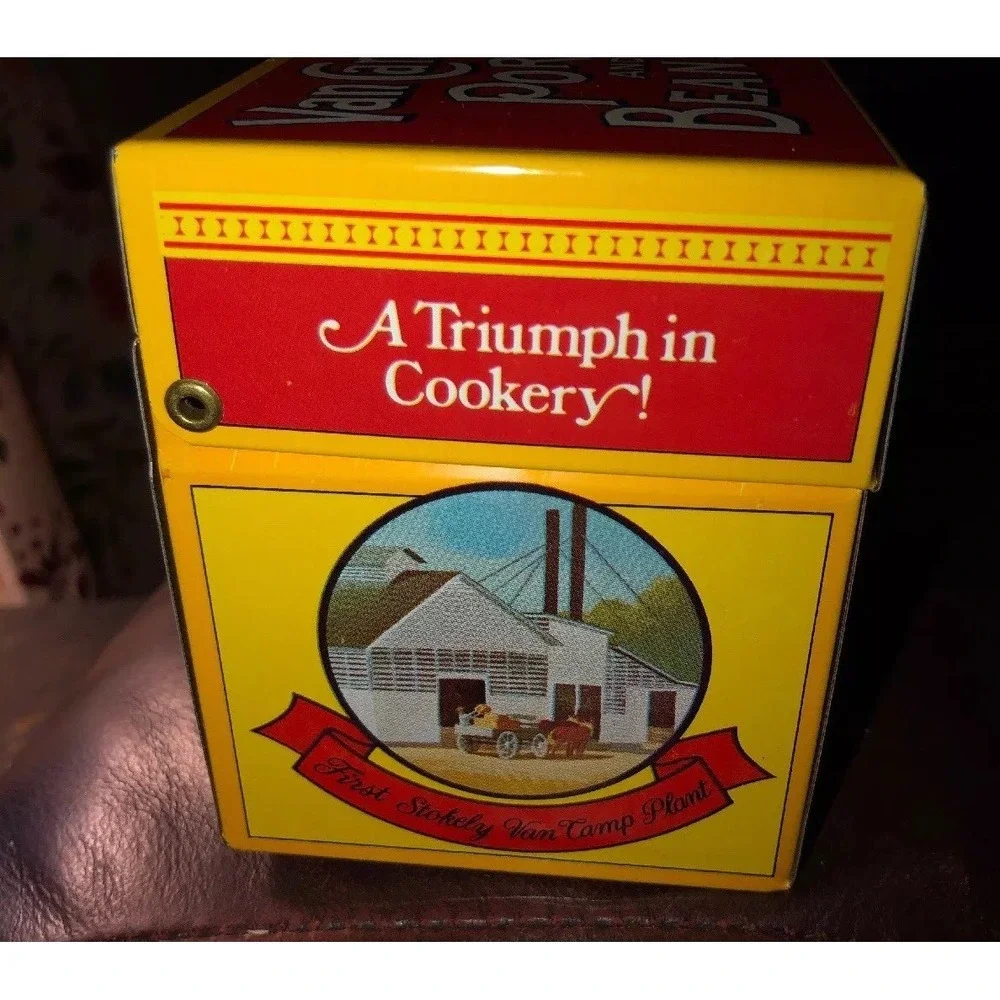 Vintage 1986 Van Camps Pork and Beans Recipe Box Tin‎ w Hinged Lid Yellow